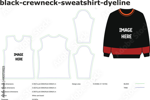 Black crewneck sweatshirt dyeline vector template for fashion design and technical drawing layout
