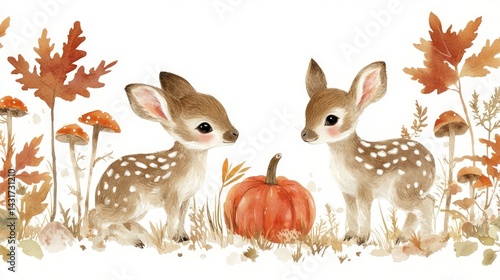 Adorable Autumn Fawn Pair: Watercolor Illustration of Two Cute Baby Deer with Pumpkin and Fall Foliage