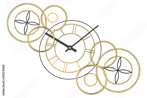 33 Minimalist wall clock, gold and white circular discs, thin black rod, abstract design, modern art, geometric shapes, contrasting colors, sleek metallic finish, contemporary home decor, balance and 