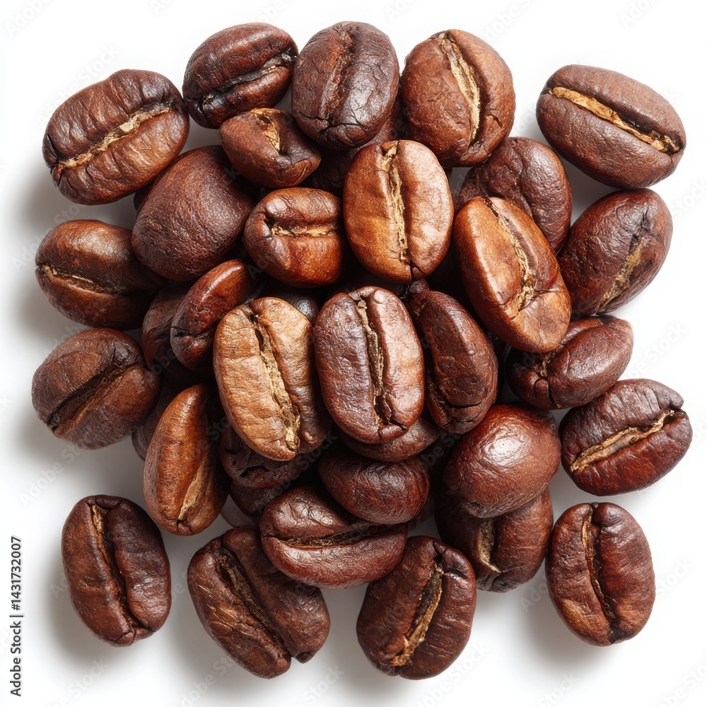 Fototapeta premium Pile of roasted coffee beans closeup on white background