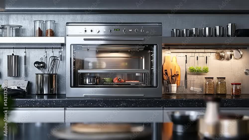 Modern Kitchen Scene with Built-in Oven and Stylish Countertop Design Elements Modern Kitchen Scene with Built-in Oven and Stylish Countertop Design Elements
