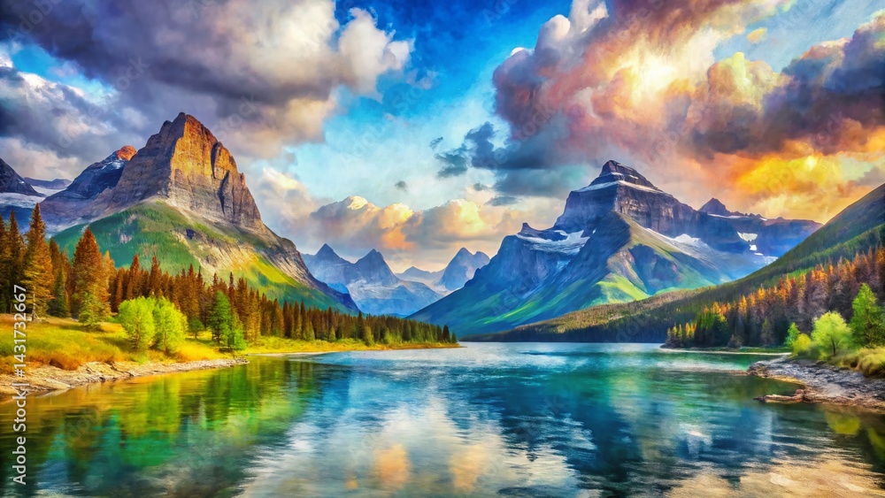 Obraz premium Majestic Glacier National Park Montana Watercolor Painting - Abstract Landscape Art
