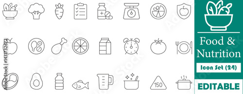 Minimalist food and nutrition icons featuring fruits, vegetables, kitchen tools, and health symbols. Perfect for food-related apps, wellness platforms, and e-commerce sites.