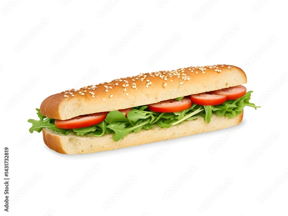 A fresh and vibrant tomato and arugula sub sandwich on a sesame seed roll, perfectly presented against a bright white background. A fresh and vibrant tomato and arugula sub sandwich on a sesame seed roll, perfectly presented against a bright white background.