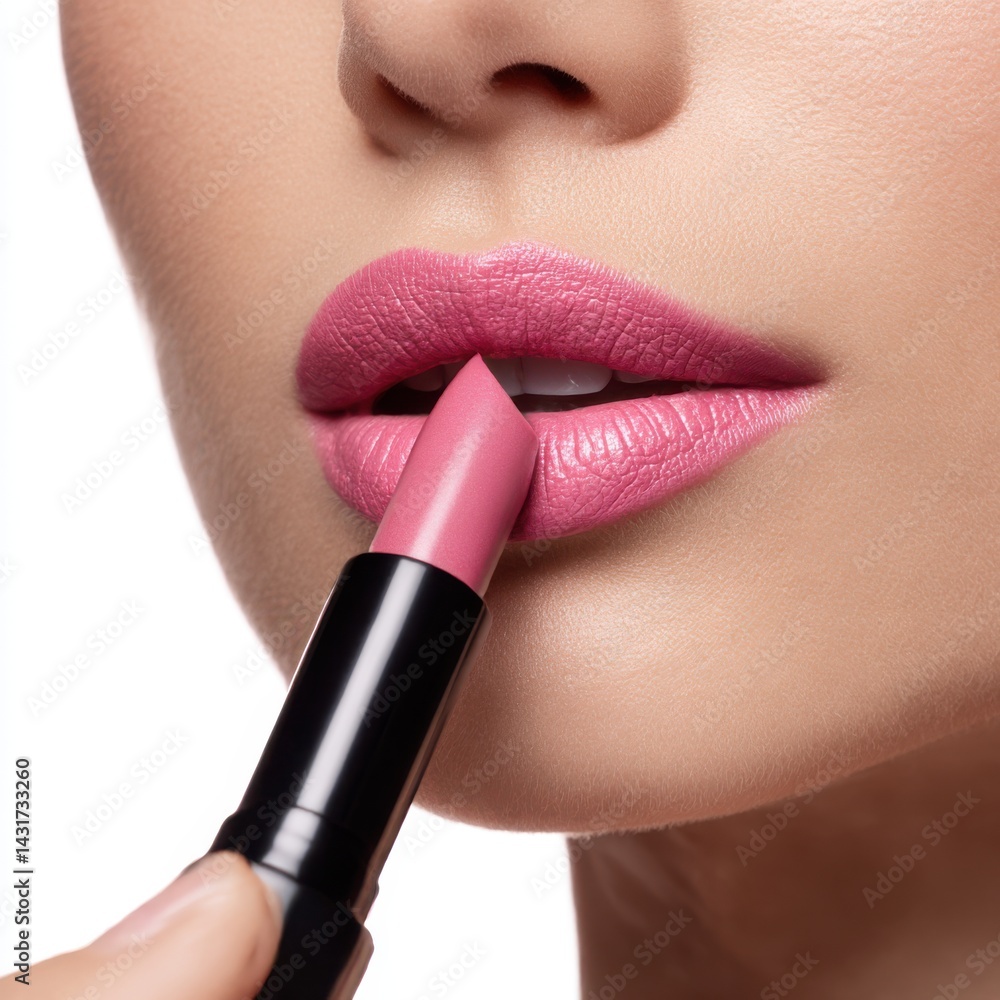 Obraz premium Applying pink lipstick isolated on white background studio