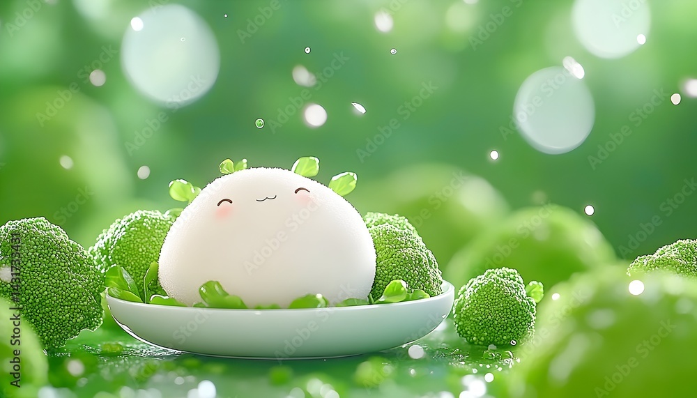 A cute, white, cartoon character with green leaves sits on a plate surrounded by green objects with a blurred green background