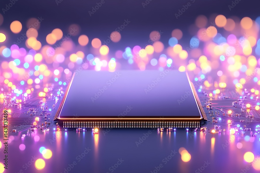 A futuristic circuit board with a glowing processor chip against a background of colorful bokeh lights