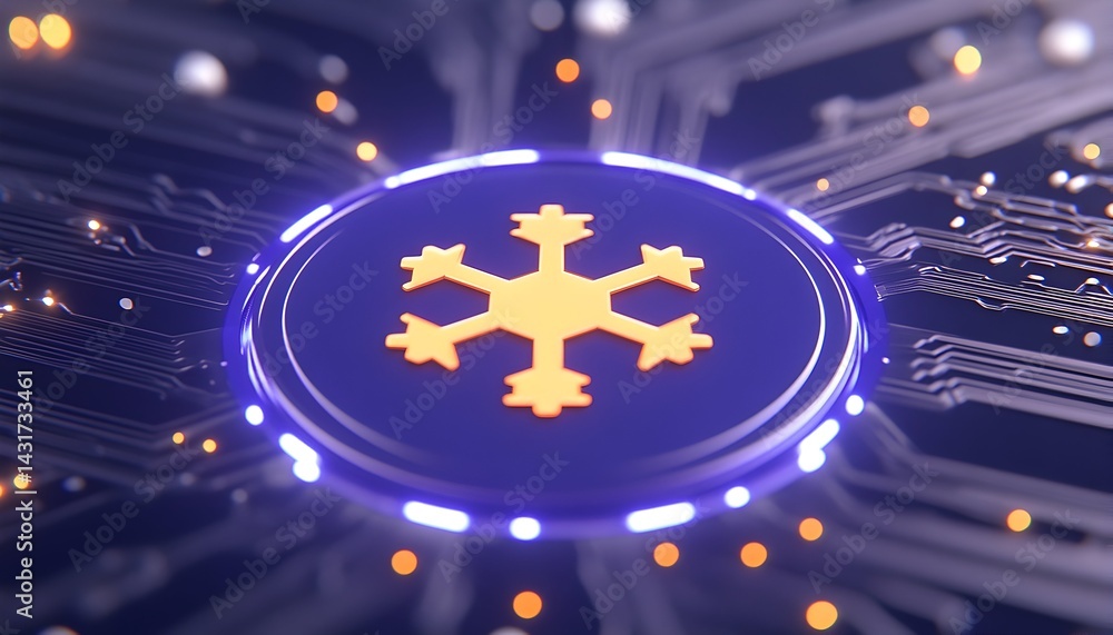 A glowing snowflake icon on a futuristic circuit board