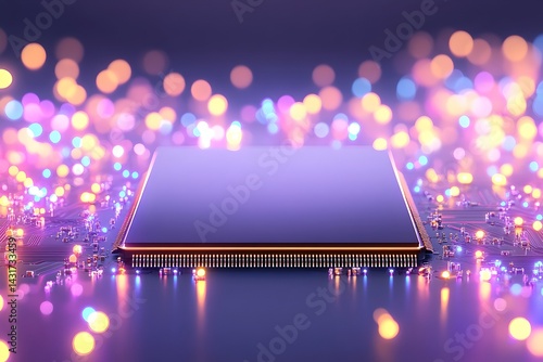 Obraz na płótnie A futuristic circuit board with a glowing processor chip against a background of colorful bokeh lights w salonie