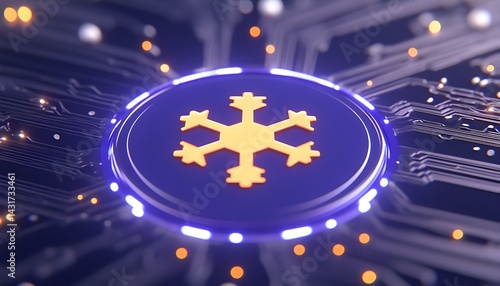 Obraz na płótnie A glowing snowflake icon on a futuristic circuit board w salonie