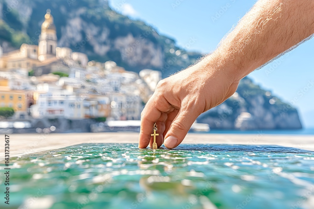 A hand holding a small cross in front of a coastal town