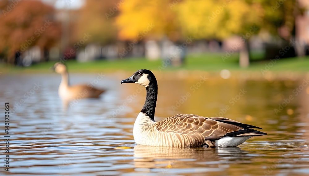A lone goose swims in a pond with golden trees in the background