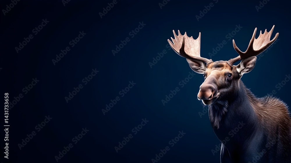 A majestic moose with large antlers stands against a dark blue background
