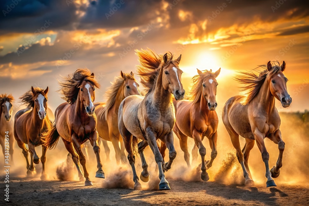 Fototapeta premium Majestic Herd of Horses Galloping Down a Country Lane at Sunset