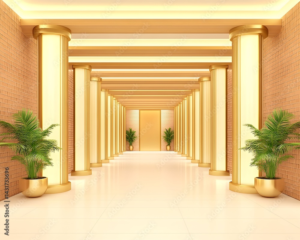 A long hallway with gold pillars and glowing lights