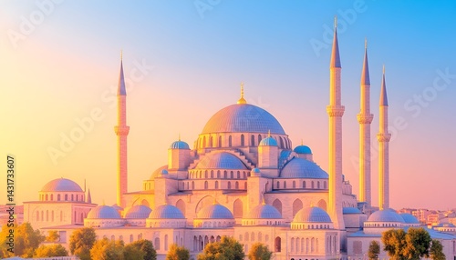 Obraz na płótnie A grand mosque with multiple domes and minarets against a pastel sunrise sky w salonie