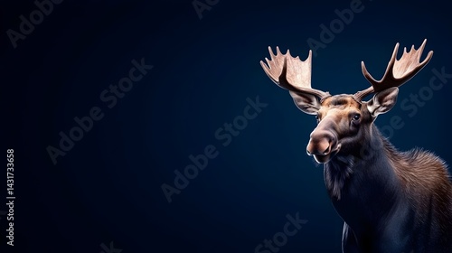 Obraz na płótnie A majestic moose with large antlers stands against a dark blue background w salonie