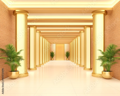 Obraz na płótnie A long hallway with gold pillars and glowing lights w salonie