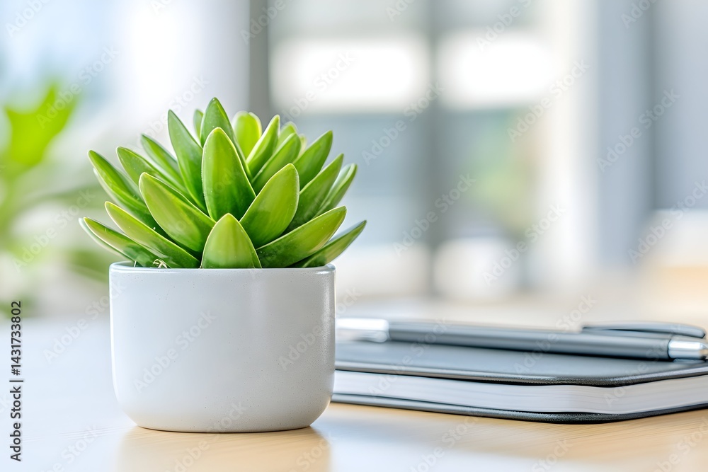 A potted succulent plant on an office desk with a pen and notebook