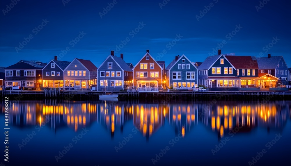 A row of colorful houses with lights on reflecting in the water at dusk