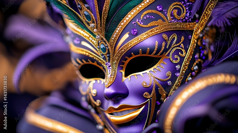 A purple and gold masquerade mask with feathers and jewels