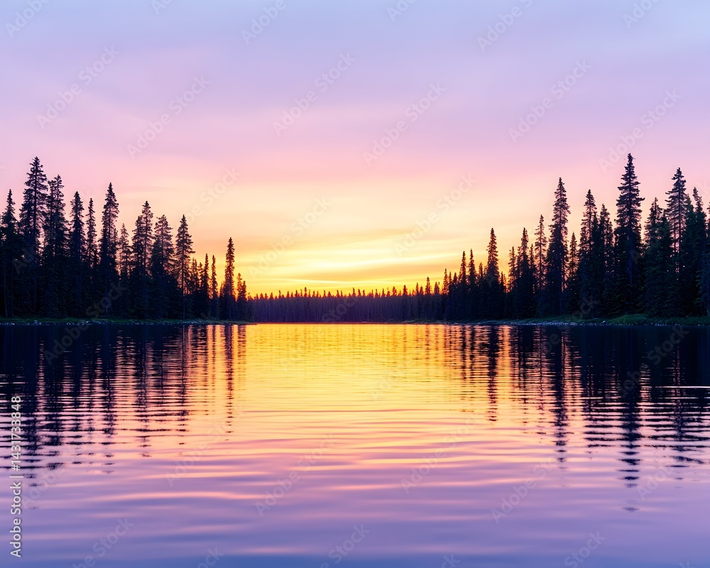 A serene lake scene with silhouetted trees at sunset, reflecting the vibrant colors of the sky in the water