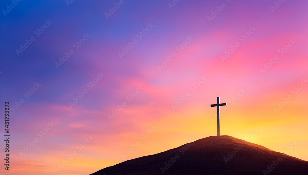 A silhouette of a cross standing on a hilltop against a vibrant sunset sky