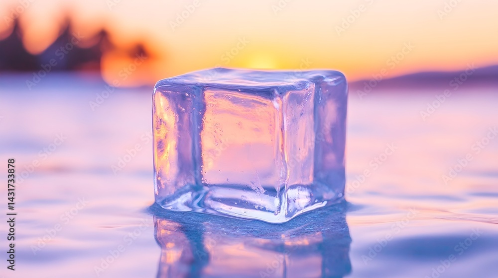 A single, clear ice cube sits on a surface of water, reflecting the warm colors of a sunset