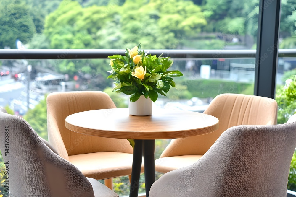 A round table with four chairs and yellow roses in a vase, set against a view of a city and trees