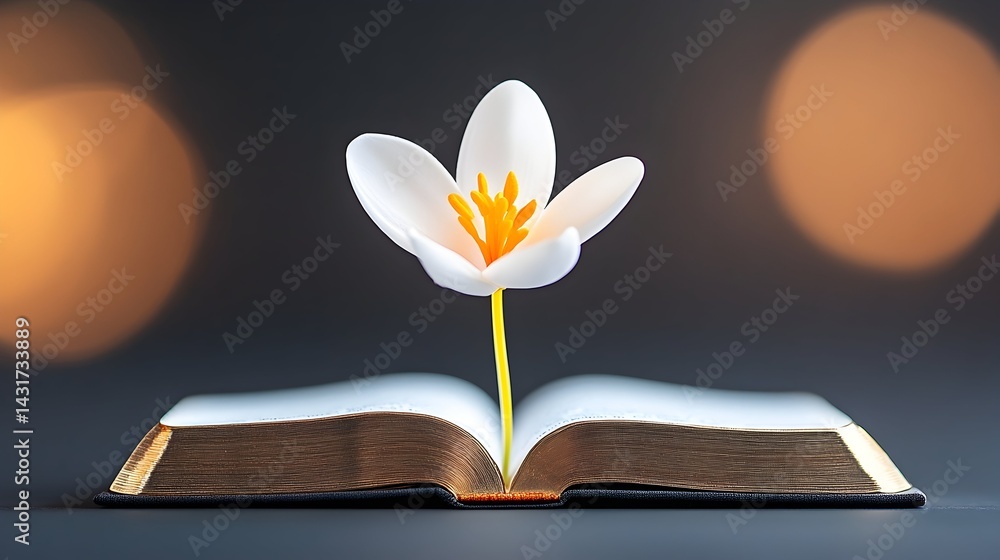A single white flower blooms from an open book against a dark background with bokeh