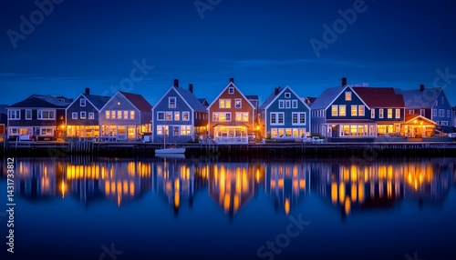 Obraz na płótnie A row of colorful houses with lights on reflecting in the water at dusk w salonie
