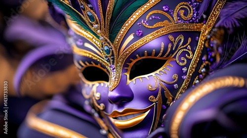 Obraz na płótnie A purple and gold masquerade mask with feathers and jewels w salonie