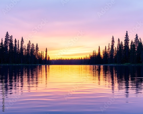 Obraz na płótnie A serene lake scene with silhouetted trees at sunset, reflecting the vibrant colors of the sky in the water w salonie
