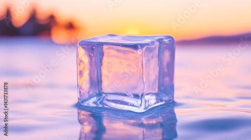 Obraz na płótnie A single, clear ice cube sits on a surface of water, reflecting the warm colors of a sunset w salonie