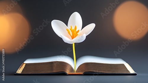 A single white flower blooms from an open book against a dark background with bokeh