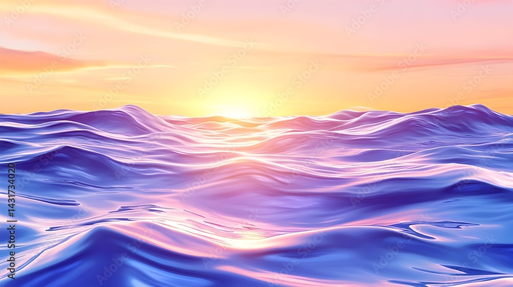 A vibrant sunrise over a serene, blue ocean, with soft, pink and orange clouds in the sky