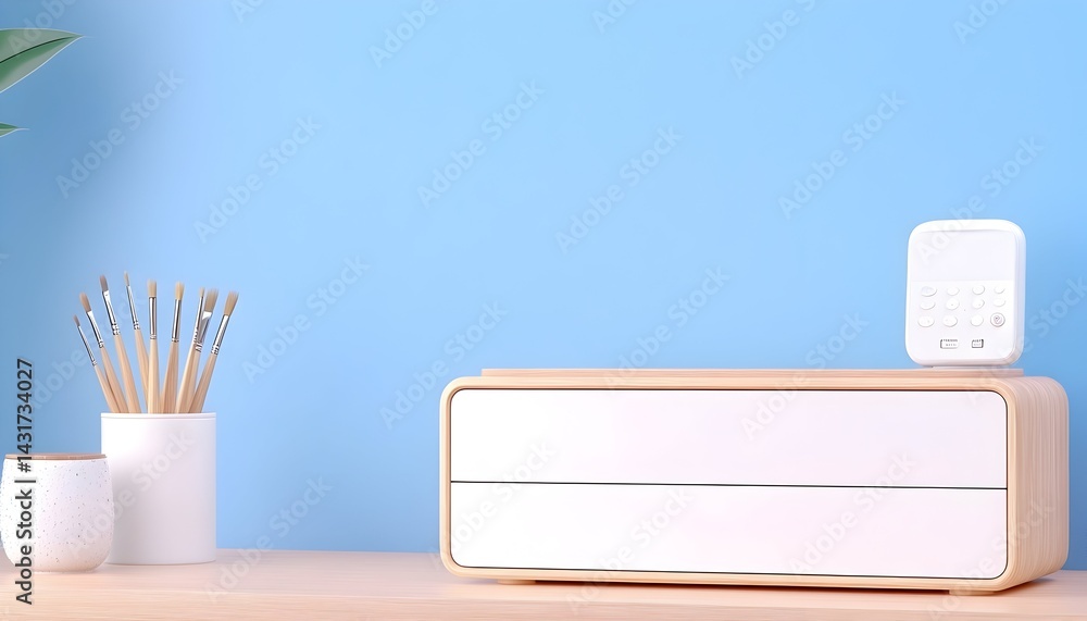 A white digital clock and paintbrushes on a wooden table against a blue wall