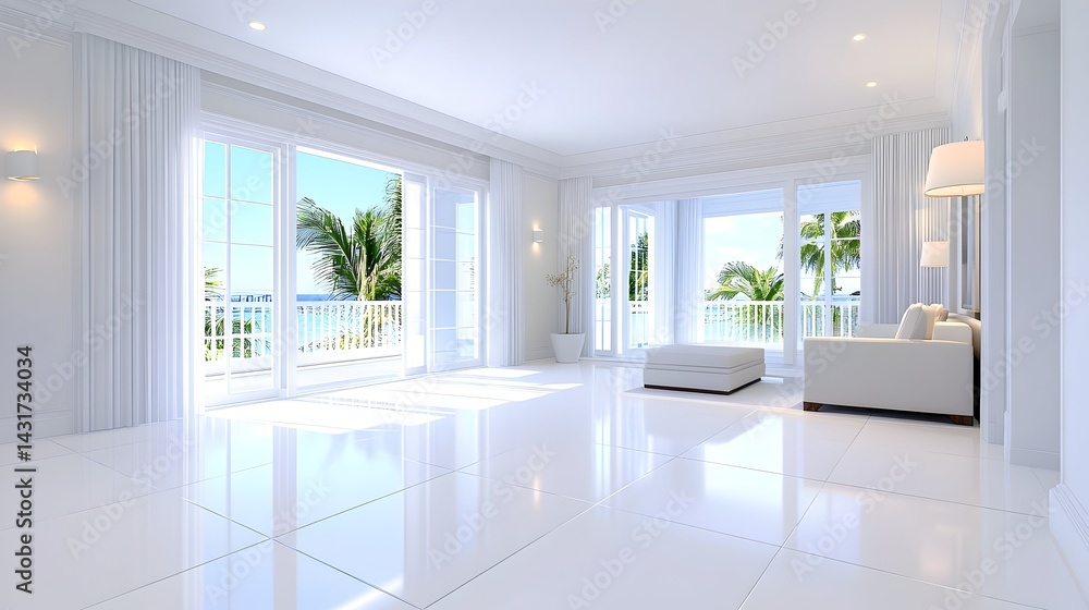A spacious, white living room with large windows overlooking a tropical ocean view