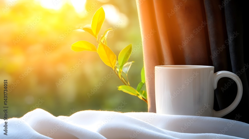 A white coffee mug sits on a white cloth with a plant and a blurred background of sunrise