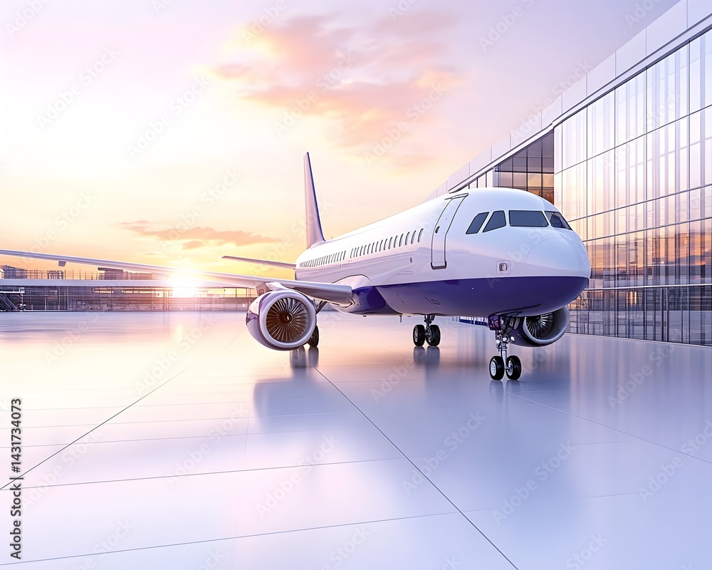 A white passenger plane with blue accents parked on the tarmac at sunset in front of a large airport building