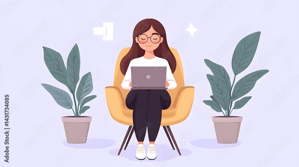 A woman sits in a chair working on her laptop, surrounded by plants