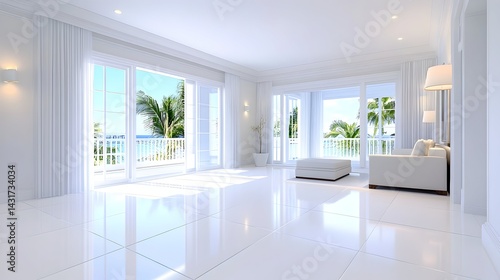 Obraz na płótnie A spacious, white living room with large windows overlooking a tropical ocean view w salonie