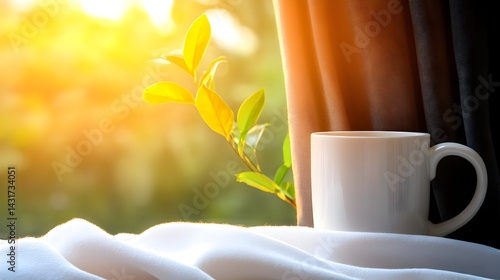 Obraz na płótnie A white coffee mug sits on a white cloth with a plant and a blurred background of sunrise w salonie