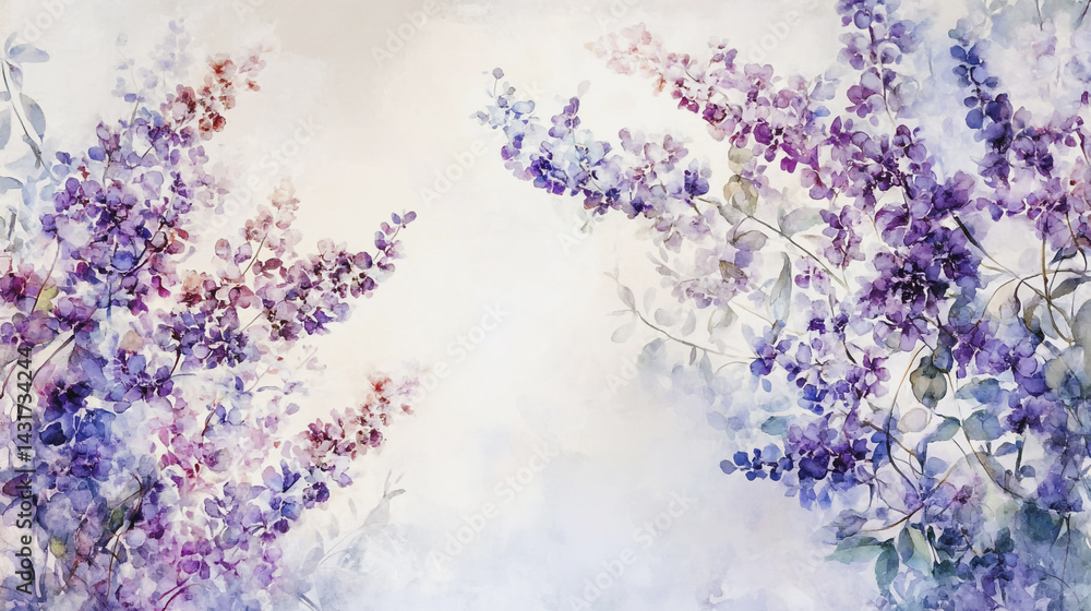 Obraz premium Elegant wedding invitation card background . Minimal hand painted watercolor Lilac flowers texture template background. Design for wedding, vip cover, poster, rsvp moderncard.Valentine's Day