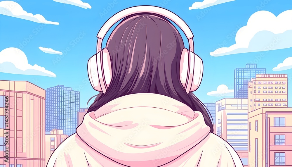A young woman with long dark hair wearing headphones, looking out over a city skyline