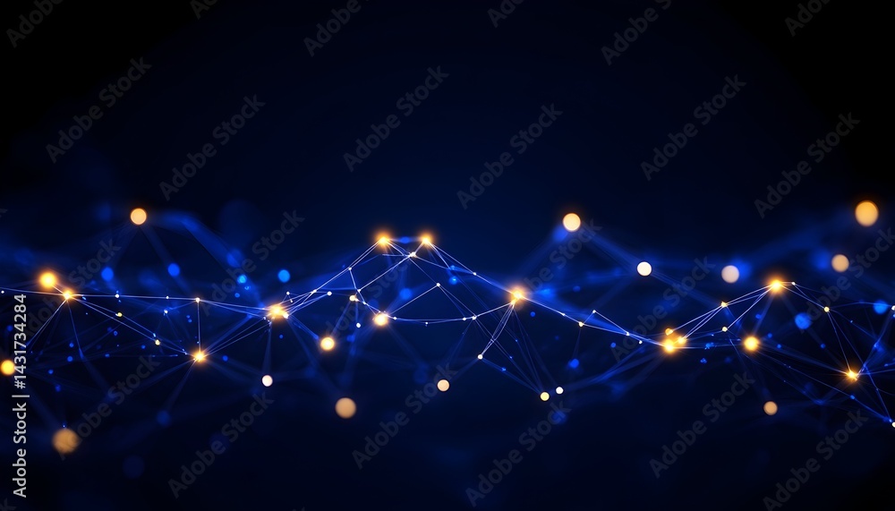 Abstract blue and yellow connected dots with glowing lights on a dark background