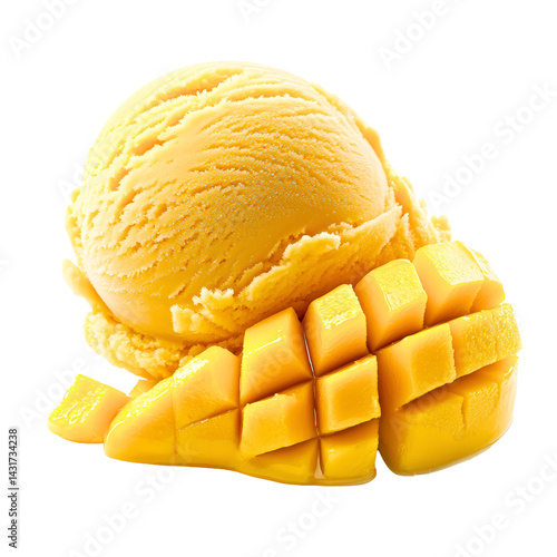 Mango Dream: A close-up shot captures the inviting allure of mango ice cream, served alongside a beautifully sliced mango. Perfect for culinary and food content, evoking delight.