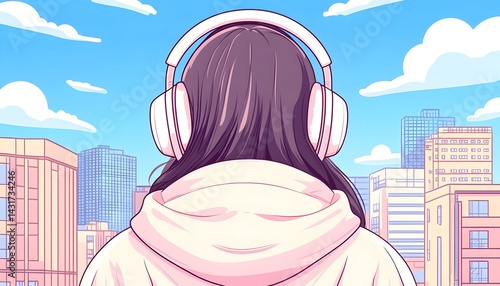 Obraz na płótnie A young woman with long dark hair wearing headphones, looking out over a city skyline w salonie