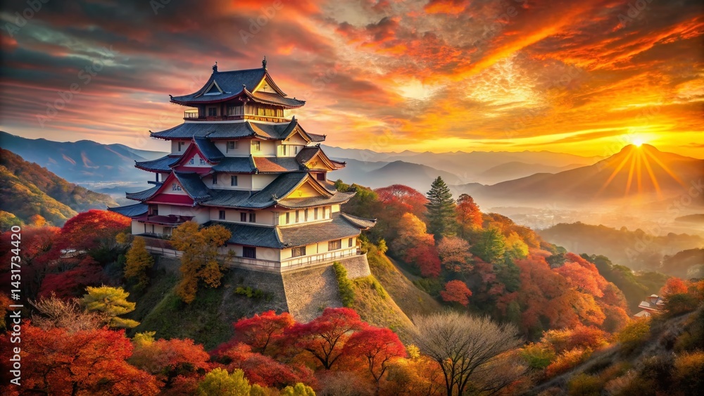 Majestic Japanese Castle Autumn Foliage Hillside Stock Photo