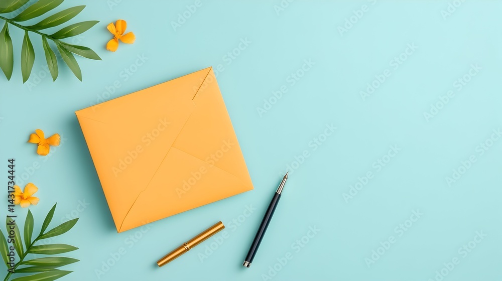 An orange envelope with a pen and flowers on a blue background